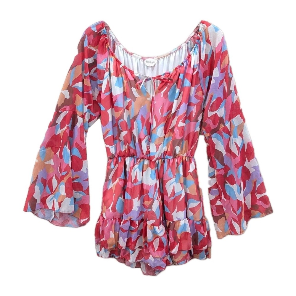 Peach Love‎ Romper Size Small Bell Sleeve Pink Blue Ruffle Hem Romantic Flowy